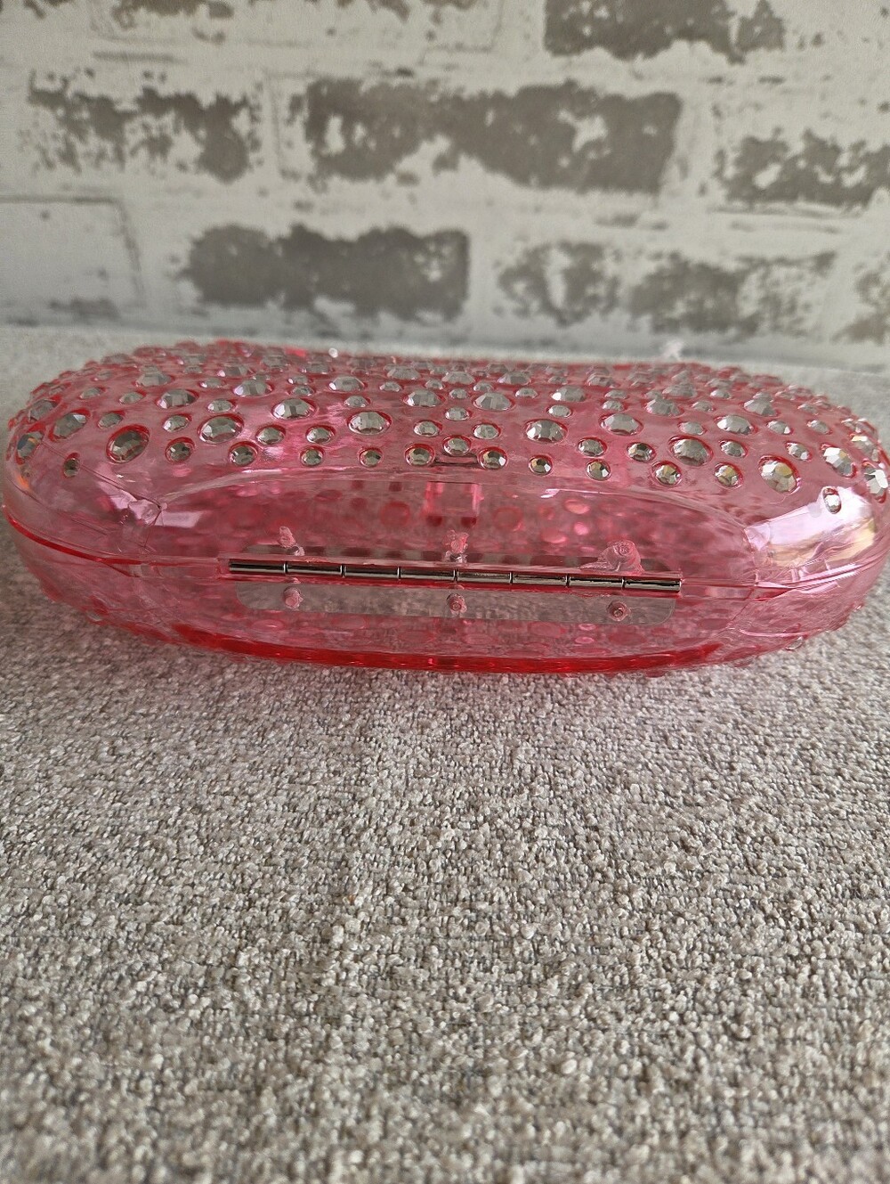 Pink Rhinestone Encrusted Acrylic Round Top Handle Clutch Bag - Picture 3 of 5